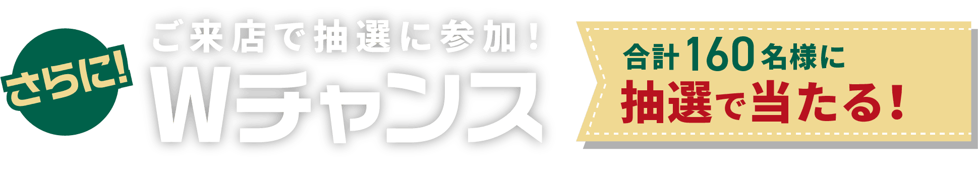 さらにご来店で抽選に参加! Wチャンス 合計160名様に抽選で当たる！